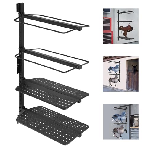 4-Tier Wall-Mounted Saddle Rack, Steel 4-Layer Horse Saddle Storage Holder, Barn Tack Room Organizer for Western & English Saddles, Fold-Out Arms, 200 lb Total Load, Black Powder Coat