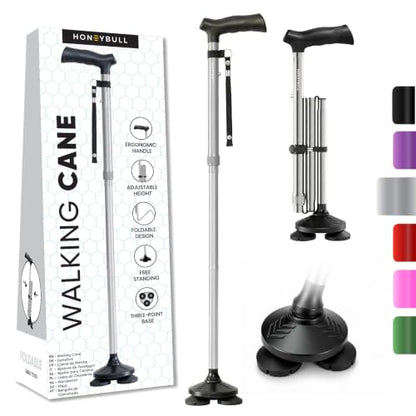 HONEYBULL Walking Cane for Men & Women, Foldable Free Standing Cane - color: Silver
