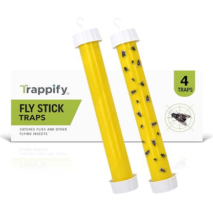 Trappify Hanging Fly Trap & Fruit Fly Traps for Indoors, Yellow, 4 Pack | Recycled Paper Stick with Ultra-Tacky Adhesive and Bait Cup, Hangs in Kitchens, Patios, Barns, Catches Flies and Gnats - size: Pack 4