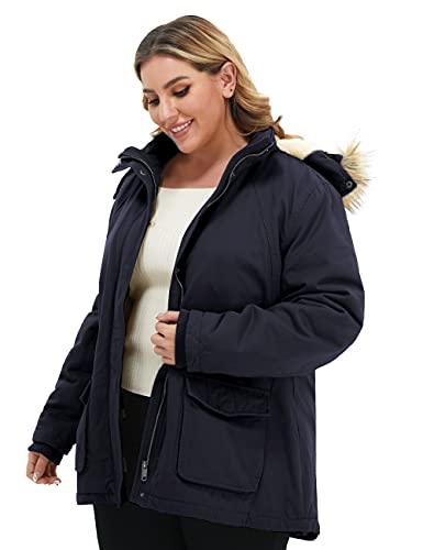 Soularge Women's Winter Plus Size Sherpa Lined Jacket with Hood | Women's Plus Size Workwear Fit,100% Cotton Outer Shell,Soft Fleece Lining,Windproof Stand Collar - color: Navy, size: 2X