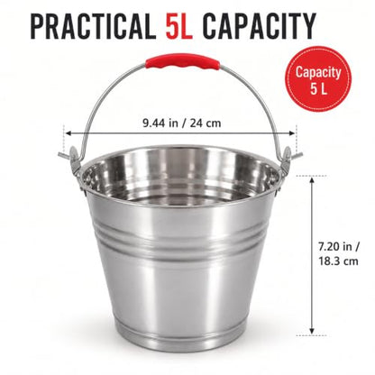 Healeved 5L Stainless Steel Bucket with Handle 9.4-Inch Round Pail