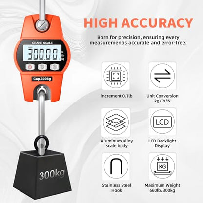 Hanging Scale 660lb/300kg - High-Accuracy Crane Scale with Aluminum Frame and LCD Display. Functions as Fishing Scale and Luggage Scale. for Farm, Hunting, Fitness, and Travel Weighing