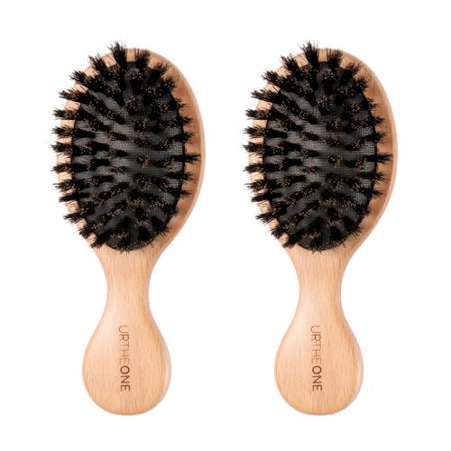 URTHEONE 2 Pack Mini Pure Boar Bristle Hair Brush Small Travel Pocket Brush - color: Wooden boar bristle