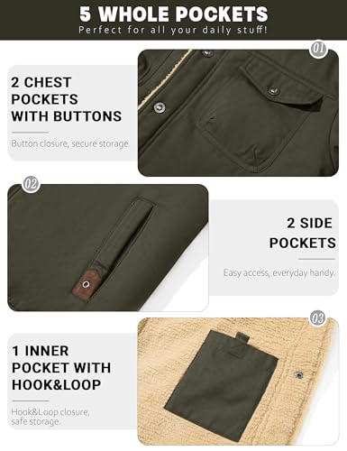 KEFITEVD Men's Winter Fleece Jacket Sherpa Lined Warm Cargo Trucker Coat - color: Army Green, size: Large