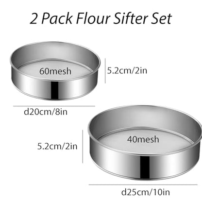 2 Pack Flour Sifter,Stainless Steel Fine Mesh Strainers Flour Sieve,8 Inch 60 Mesh and 10 Inch 40 Mesh for Baking Cake Bread (8"/60 mesh and 10"/40 mesh)
