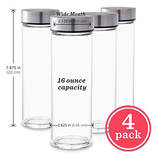 16oz Juice Bottles, Wide Mouth Glass Water Bottles & Stainless Steel Lids | 4-Pack Glass Bottles for Juicing, Smoothies, Beverage Storage, BPA-Free, Leakproof, Reusable, Borosilicate Glass Jars, Clear - size: 16 Ounces