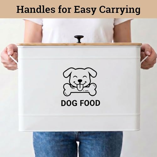 Metal Dog Food Container 15-20 lbs w/ Airtight Bamboo Lid, 70 Cup Capacity - color: White