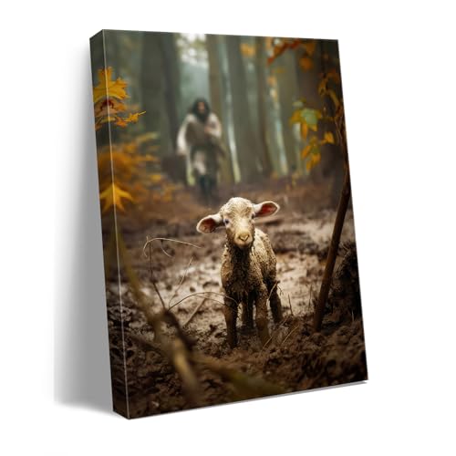 Ploceiny christian gifts for women-men,Religious canvas home decor for prayer room christmas decorations Jesus Running After Lost Lamb Picture Jesus and lamb poster wall decor A-392 (16"X24") - color: Jesus and Lamb Canvas Wall Art, size: 16"X24"