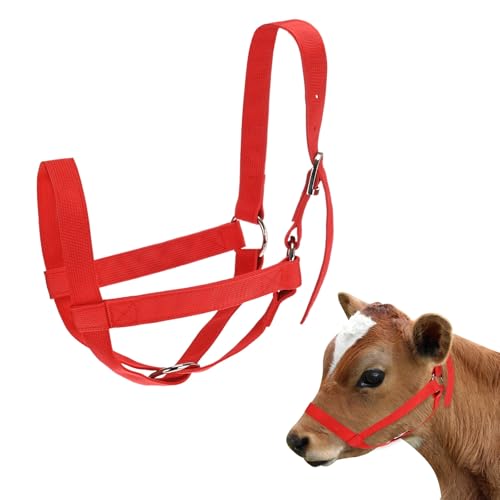M METERXITY 1-Pack Adjustable Cattle Cow Calf Halter, 15.74"-19.68" Nylon Livestock Cow Halter for Miniature Horse/Donkey/Goat/Cattle [Red]