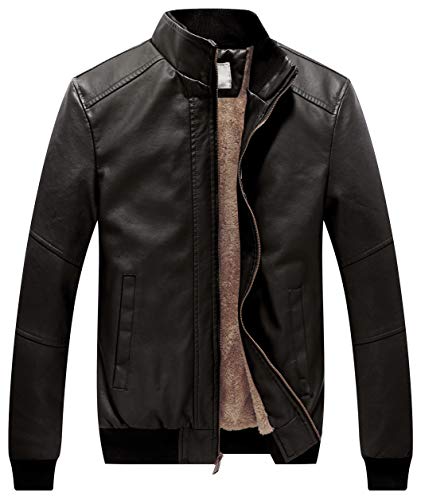 WenVen Men's Stand Collar Fleece Lined Faux Leather Jacket Warm Winter Coat | Bomber Outerwear - color: Grey, size: Medium