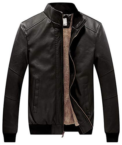 WenVen Men's Stand Collar Fleece Lined Faux Leather Jacket Warm Winter Coat | Bomber Outerwear - color: Grey, size: Medium
