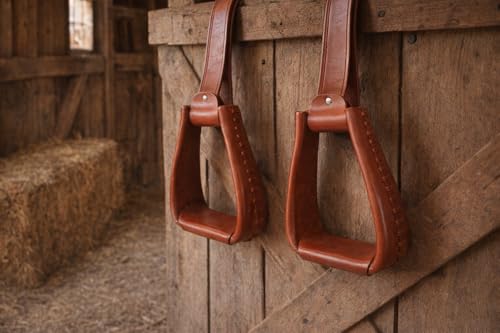 Western Horse Saddle Tack Leather Covered Angled Sloped Stirrups Tan 5155