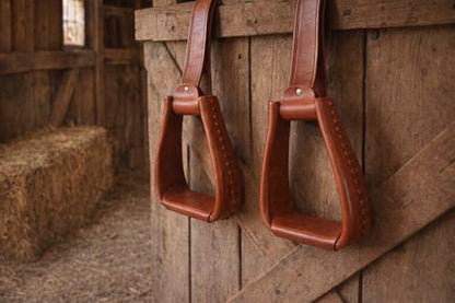 Western Horse Saddle Tack Leather Covered Angled Sloped Stirrups Tan 5155