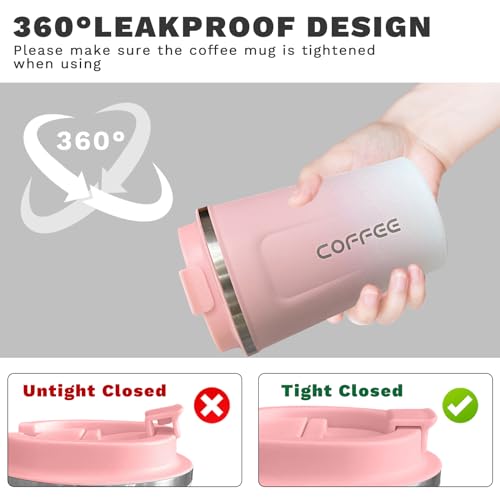 Insulated Travel Coffee Mug, Stainless Steel Coffee Cup with Leakproof Lid - color: 2nd-Pink White, size: 17 Ounces