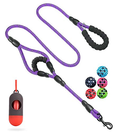 JSXD 5 FT Heavy Duty Double Handle Dog Leash with Comfortable Padded and Reflective Rope, for Small, Medium, Large Dogs (Rope-Purple) - color: Rope-Purple