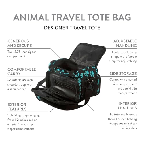 WAHL Professional Animal Travel Tote Bag with Zipper - Travel Bag - Storage Pack for Grooming Supplies - for Dog, Cat & Pet Groomers - 28.8 Inches, Turquoise Paw Print Design (#97764-300) - color: Black and Turquoise
