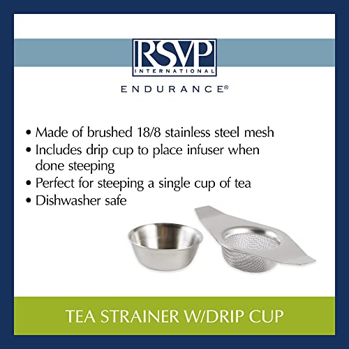RSVP International Tea Strainer Collection, Strainer & Drip Cup - size: 5" Width, Includes Drip Cup