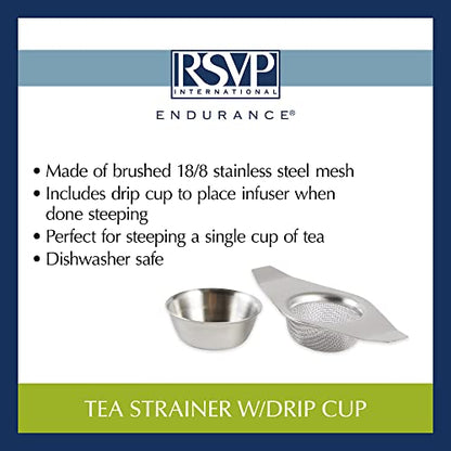 RSVP International Tea Strainer Collection, Strainer & Drip Cup - size: 5" Width, Includes Drip Cup