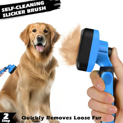Professional 3PCS Self Cleaning Slicker Brush & Pet Grooming Rake & Flea Comb for Dogs,Cats and Horses | Double-Sided Dematting Comb & Skin Friendly Deshedding Grooming Tool | Pet Supplies (Blue) - color: Blue