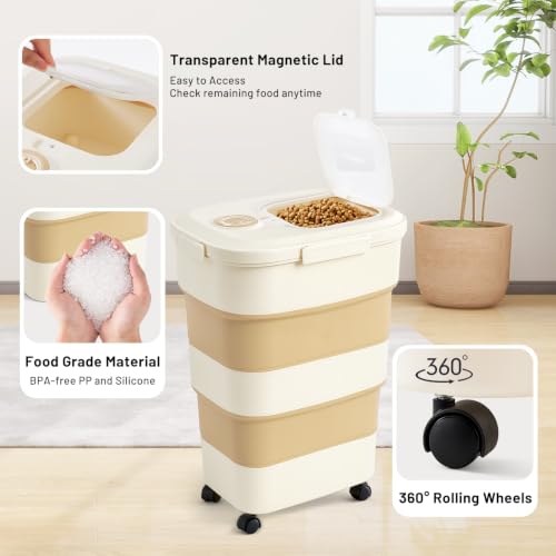 ZOMISIA 40-50lbs Collapsible Dog Food Storage Container with Wheels, Khaki - color: Khaki