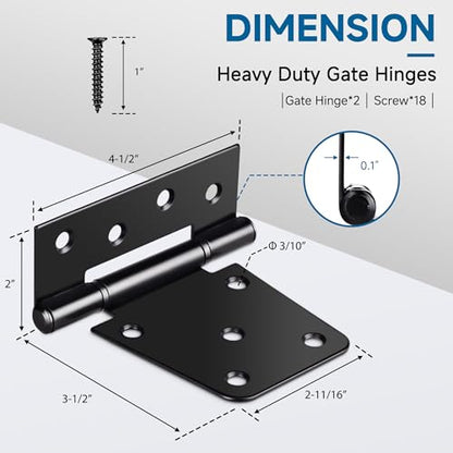3.5 Inch Heavy Duty Gate Hinges, 2 Pack Black Iron Door Hinges | Solid Iron, Black Powder Coated; Rust and Corrosion Resistant; for Wooden Gates, Barn Doors, Shed, Fence; Screws Included