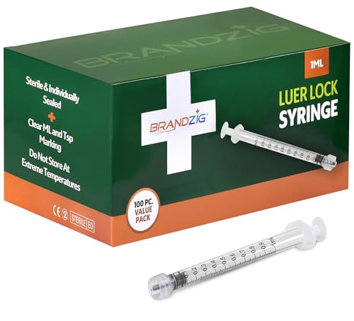 BRANDZIG 1mL Luer Lock Syringe (No Needle) – Sterile, Individually Wrapped – 100 Pack (100 Count) – for Professional & Personal Use