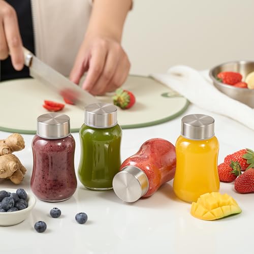 Danmu Glass Juice Bottles with Lids 5 fl.oz 6 Pack | Juicing Bottles Reusable Glass,Stainless Steel Lids,Leakproof,Compact Size & Easy Grip,Dishwasher Safe,Fridge Safe,Portable - size: 5 fl.oz
