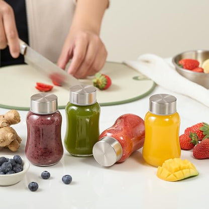 Danmu Glass Juice Bottles with Lids 5 fl.oz 6 Pack | Juicing Bottles Reusable Glass,Stainless Steel Lids,Leakproof,Compact Size & Easy Grip,Dishwasher Safe,Fridge Safe,Portable - size: 5 fl.oz