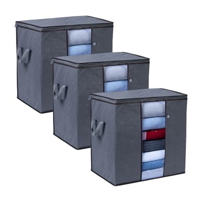 VENO 3 Pack X-Large Clothes Storage Bag w/ Reinforced Handle 24 Gallon | Thick Container Bins Organizer for Blankets, Comforters, Bedding, Foldable w/ Sturdy Zipper, Clear Window(Tall 24 Gallon) - size: Tall, 24 Gallon, Set of 3