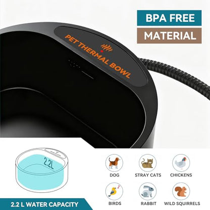 Outdoor Heated Water Bowl for Dogs Cats, 2.2L Winter Heating Dog Water Bowl Smart Thermal for Outdoor Chickens Rabbits Birds, Black - size: 2.2L(Black)