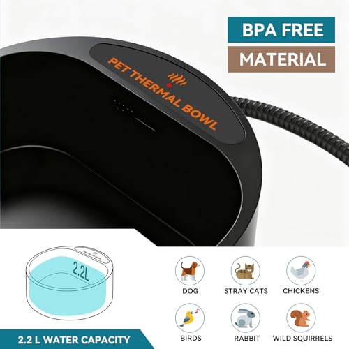 Outdoor Heated Water Bowl for Dogs Cats, 2.2L Winter Heating Dog Water Bowl Smart Thermal for Outdoor Chickens Rabbits Birds, Black - size: 2.2L(Black)