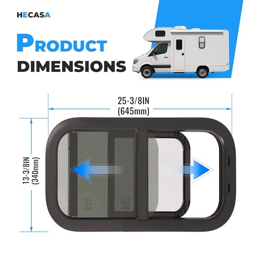 HECASA Universal RV Window 12" W x 24" H Vertical Slide Teardrop Window W/ | Trim Ring and Net Screen Tempered Glass Aluminium Plastic Rubber (1PC) - size: 12" W x 24" H