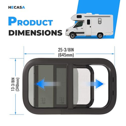 HECASA Universal RV Window 12" W x 24" H Vertical Slide Teardrop Window W/ | Trim Ring and Net Screen Tempered Glass Aluminium Plastic Rubber (1PC) - size: 12" W x 24" H
