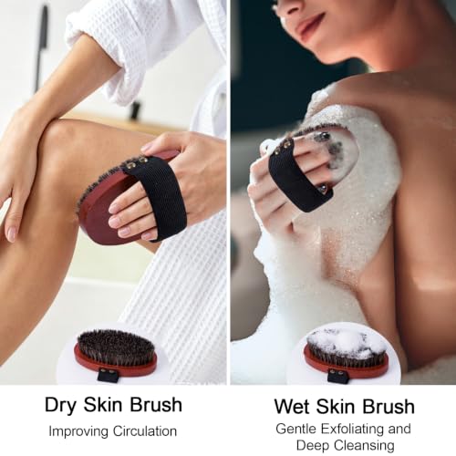 Dry Brushing Body Brush, Exfoliating Body Scrubber Natural Horsehair Bath Brushes Wooden Handle for Shower, Skin Exfoliation, Cellulite and Lymphatic Improvement Gift