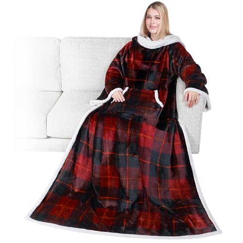 PAVILIA Sherpa Wearable Blanket with Sleeves and Pocket, Plush Thick Cozy Body Blanket Wrap for Adult Women Men, Christmas Gift for Wife Mom, Plaid Red - color: Plaid Red