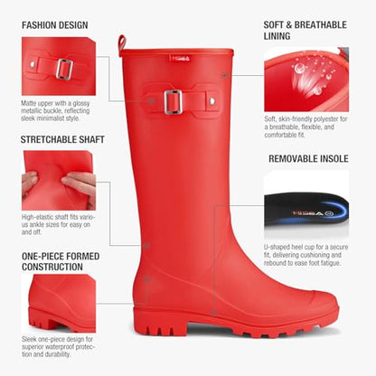 HISEA Women Rain Boots Slim Calf Tall Waterproof Tight PVC Rubber Rainboots - color: Red-slim Calf, size: 8