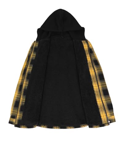 ZENTHACE Men's Sherpa Lined Full Zip Hooded Plaid Shirt Jacket - color: Yellow and Black, size: Medium