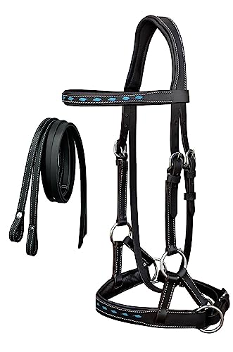 CHALLENGER Leather Turquoise BuckStitch Bitless Sidepull Bridle Reins 7714 - color: Black/Turquoise, size: Cob Size