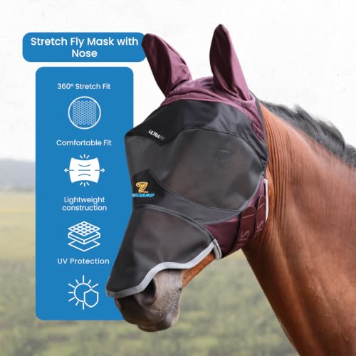 Shires Flyguard Pro Deluxe Horse Fly Mask with Ears & Nose - UV Protection & Fine Mesh Black Cherry/Full - color: Black Cherry, size: Full