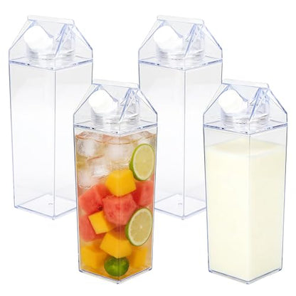 SIBAO 4 Pcs Clear Carton Water Bottles,34oz Plastic Square Milk Box, Leakproof,Portable Milk Bottles for Travel,Camping,and Sports