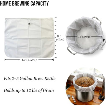 2 Pack BIAB Brewing Bag, 18" x 16", 250 Micron Reusable Fine Mesh Brew Bags with Reinforced Stitching & Drawstring, Heavy Duty Nylon Straining Bag for All Grain Home Brewing - size: 2Pack 18" X 16"