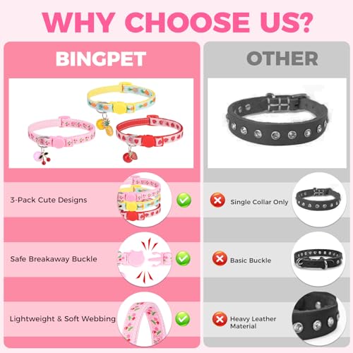 BINGPET Cat Collar Breakaway with Bell, Cute Kitten Collar - color: Fruit-3pcs
