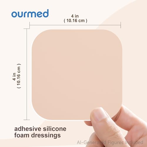 Ourmed Soft Flex Silicone Foam Dressings(4"x 4", Pack of 10), Sterile, Highly Absorbent, Waterproof, No Border, Wound Care for Bed Sores, Pressure Ulcers - size: 4x 4 Inch with no border