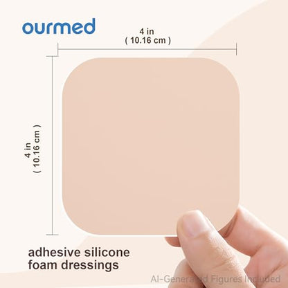 Ourmed Soft Flex Silicone Foam Dressings(4"x 4", Pack of 10), Sterile, Highly Absorbent, Waterproof, No Border, Wound Care for Bed Sores, Pressure Ulcers - size: 4x 4 Inch with no border