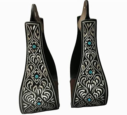 Majestic Ally Western Horse Aluminum Black Engraved Stirrups- Adults - style: Silver Black with Crystal