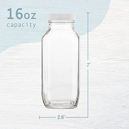 kitchentoolz 16oz Glass Milk Bottles with Lids – 16 oz Reusable Glass Bottles for Milk, Creamer, Juice, Smoothies, Kefir & Yogurt – Airtight Square Drinking Jars for Lunch Box & Fridge – 4 Pack - color: 16oz, style: 4 Pack