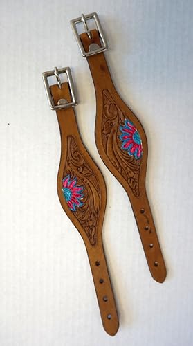 Stitched Leather Western Saddle Stirrup Replacement Hobbles for Youth Saddle - color: Tan Flower