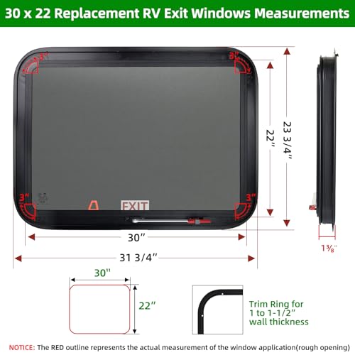 RV Exit Windows,30"W x 22"H RV Emergency Exit Windows for Cargo Trailer | Camper Cargo Trailer Window Replacement w/Net Screen and Trim Ring,Fit 1" or 1-1/2" Thick Wall,Allow Error 1/16”,DOT Approved - size: 30"W x 22"H