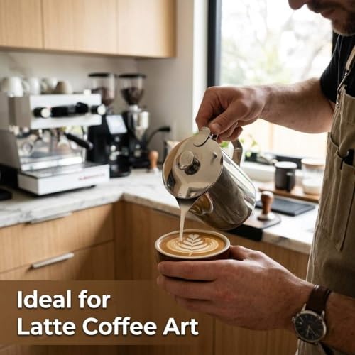 QWORK 600 mL 304 Stainless Steel Coffee Cup, Milk Frothing Pitcher with Lid, Latte Art Steaming Jug with Precision Pour Spout and Ergonomic Handle for Espresso Cappuccino Coffee