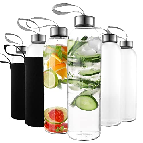 Kitchen Lux 18oz Glass Water Bottles – Pack of 12 Nylon Protective Sleeves, Airtight Screw Top Lids, Portable Carrying Loops - Lead, PVC and BPA Free - Water, Milk, Smoothie, Juice Beverage Glasses